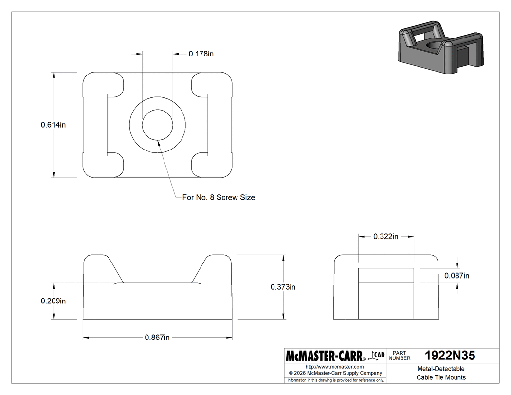 Technical Drawing of Metal-Detectable Cable Tie Mounts, for 0.32" x 0.09" Cable Tie and Number 8 Screw, Screw-In.